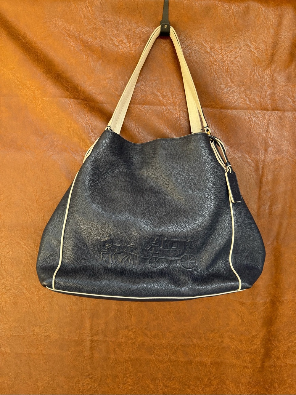 Coach Edie Large Navy Blue Cream Pebbled Leather Horse Carriage Hobo Bag